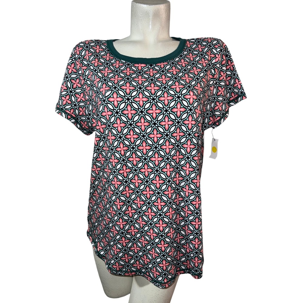 New T by Talbots Pink Green Geometric Floral Tile Print Short Sleeve Top Size X